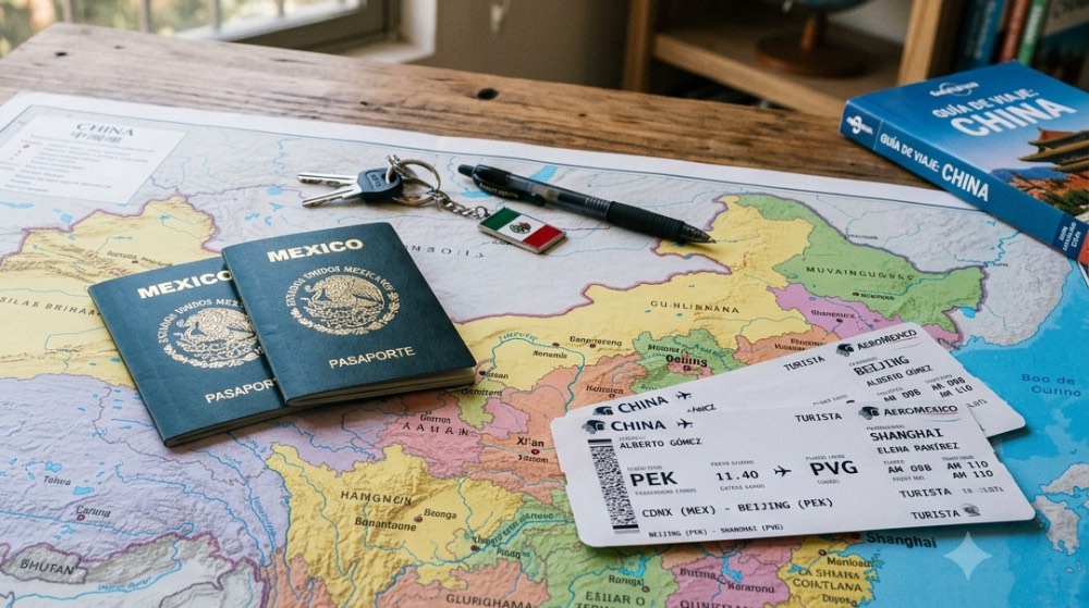 dos pasaporte mexicanos junto a unos boletos de avion sobre un mapa z sobre la una mesa